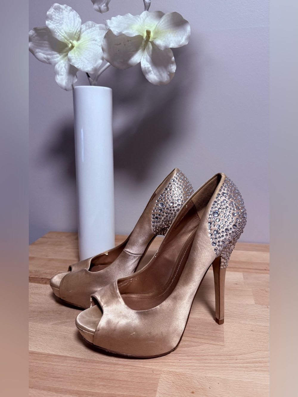 Aldo Gold Satin Peep-Toe Heels with Crystal Embellished Stiletto
